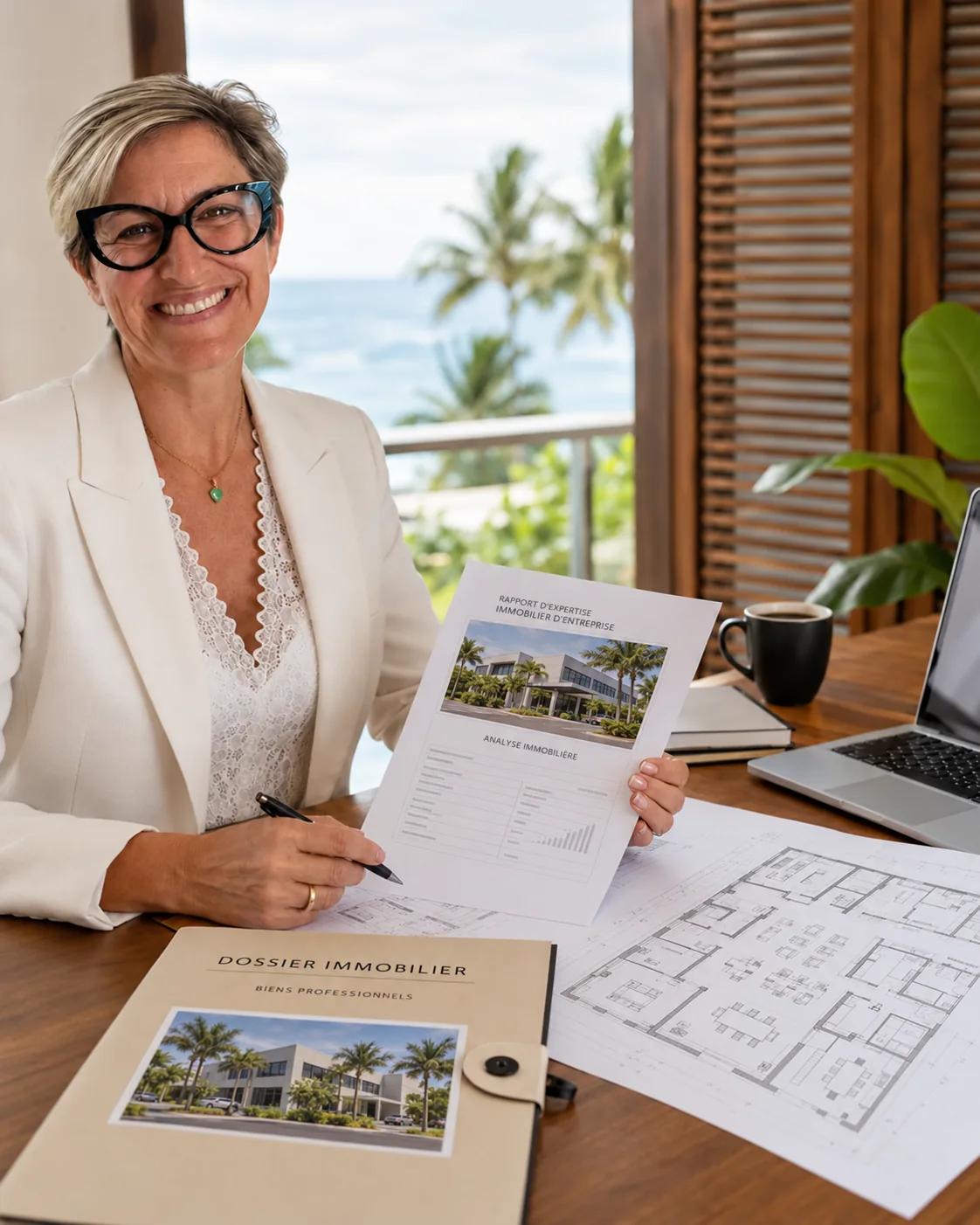 Debora Riahi présentant un dossier d’expertise en immobilier d’entreprise.